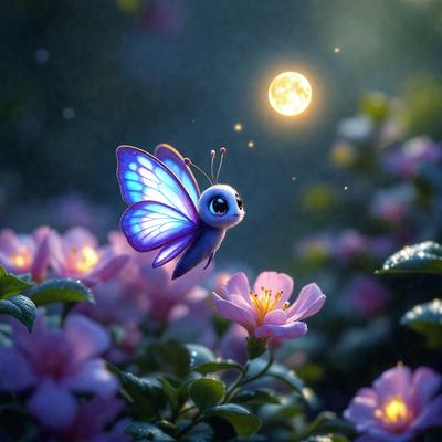 The primary subject of the image is a blue butterfly with a face, sitting on a flower. The setting is a garden with pink flowers, and the visual style is a digital art or illustration. The colors and mood of the image are predominantly pink and light, creating a warm and inviting atmosphere.